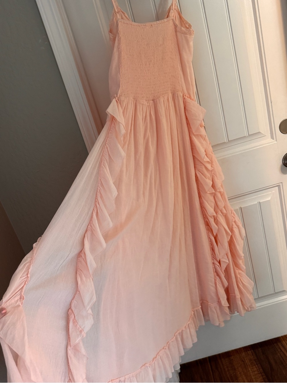 Boho Peach Ruffle Maxi Dress Lace Trim Smocked Back Festival Cottagecore - Picture 9 of 10